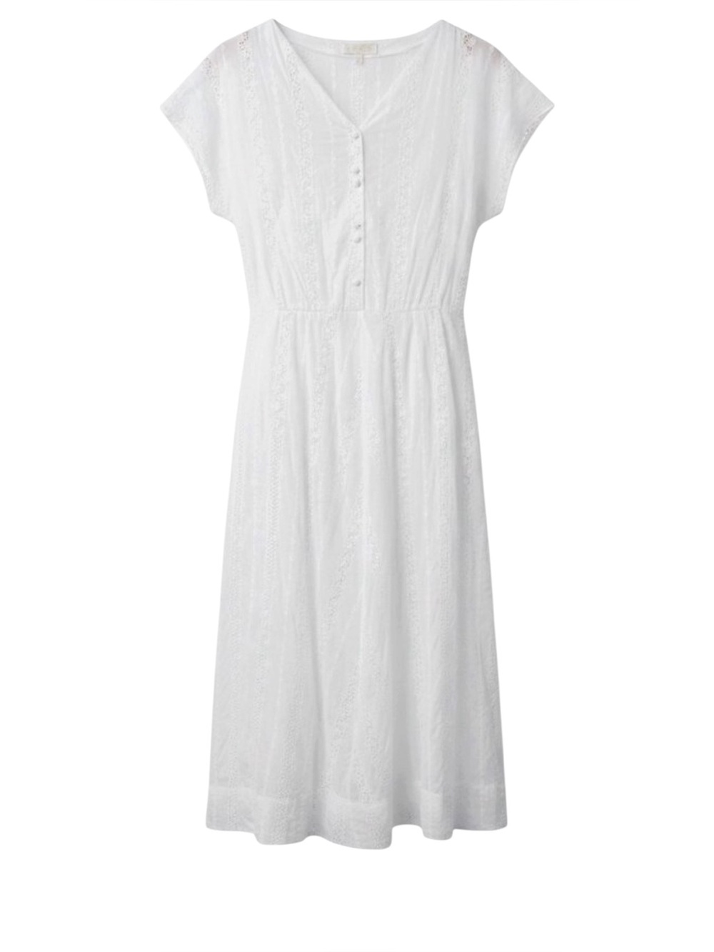 Suzie Kondi Madeira Cotton Eyelet Cap Sleeve Round Neck Button Front Midi Dress